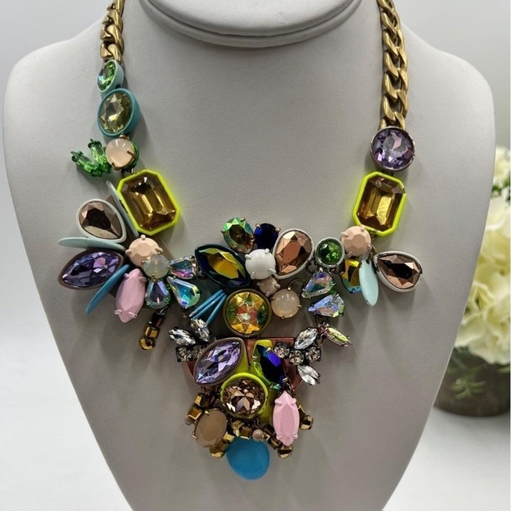 J. CREW Bib Brûlée Mixed Pastel Neon Enamel Bezel Glass‎ Statement Necklace